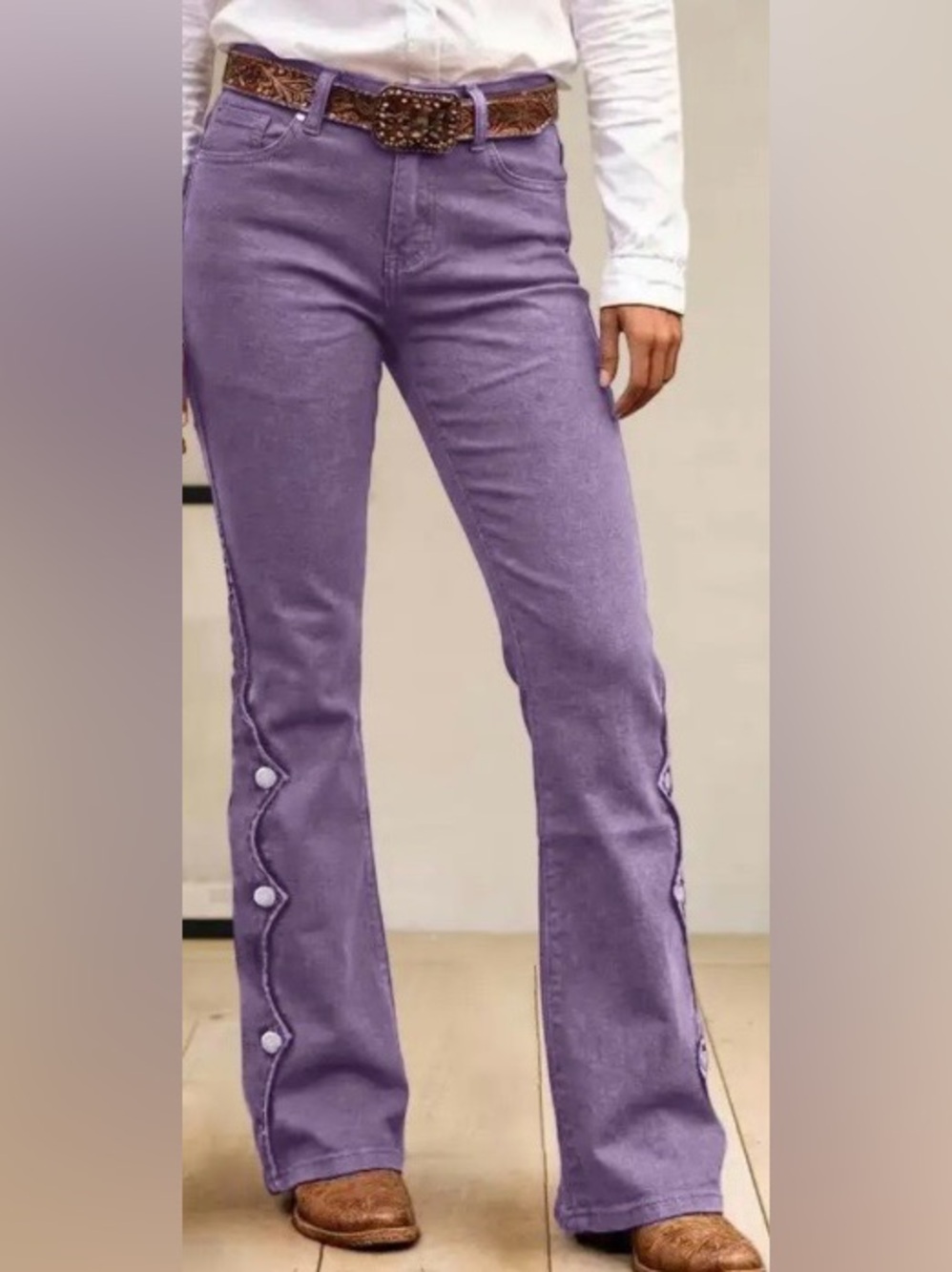 Flamingals Solid Button Side Flap Pocket Mid Rise Bootcut Jeans Purple XL NWT